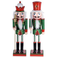 Set of 2 Green & Red Glittery Christmas Wooden Nutcracker Ornament Decoration