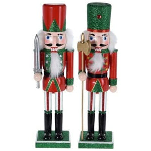 Set of 2 Green & Red Glittery Christmas Wooden Nutcracker Traditional Decoration