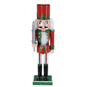 Set of 2 Green & Red Glittery Christmas Wooden Nutcracker Traditional Decoration