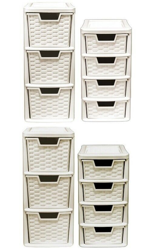 Mini 3 & 4 Plastic Rattan Drawer Storage Tower Unit Office Desk Tabletop Desktop